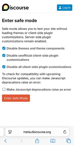 L'image affiche un menu Discourse proposant l'activation du mode sans échec avec des options pour désactiver les thèmes, les plugins non officiels côté client, toutes les personnalisations de plugins côté client, et une case à cocher pour signaler les dépréciations JavaScript comme erreurs. (Légendé par l'IA)