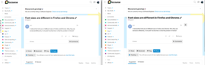 La imagen muestra capturas de pantalla una al lado de la otra de una sola publicación de chat en un foro de Slack y Discourse, destacando las diferencias en el diseño y las características de la interfaz de usuario. (Subtitulado por IA)