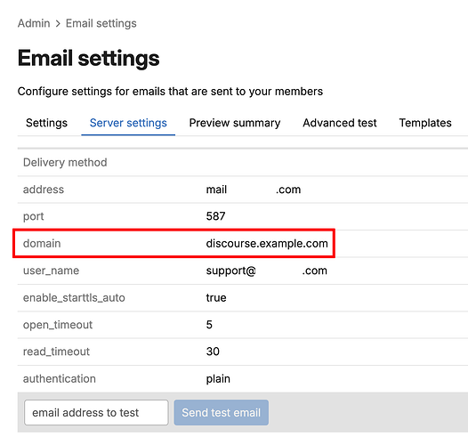 Dieses Bild zeigt eine E-Mail-Einstellungen-Seite mit Optionen zur Konfiguration von Server-Einstellungen, einschließlich der Domain "discourse.example.com" für an Mitglieder gesendete E-Mails. (Beschriftet von KI)