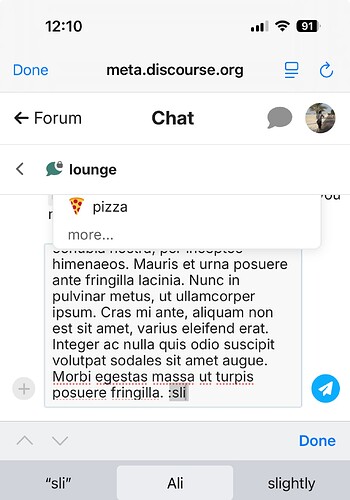 Esta imagen muestra la interfaz de un teléfono inteligente que muestra una aplicación de mensajería con un chat que contiene texto de relleno, seguido de un cuadro de sugerencias de palabras que sugiere la palabra "sli" y una indicación para describir la imagen. (Subtitulado por IA)
