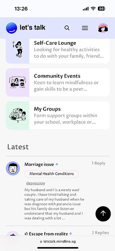 Uno screenshot dell'app Let's Talk che mostra le schede "Self-Care Lounge", "Community Events" e "My Groups", con il post "Marriage issue 💖 Mental Health Conditions 5 depression" evidenziato sotto "Latest", che descrive le esperienze di una persona con il suo neo-marito e le lotte familiari. (Etichettato dall'IA)