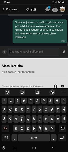 The image shows a screen of a messaging app displaying a Finnish message asking a friend to organize a chat event, followed by a chat input section and a keyboard. (Captioned by AI)