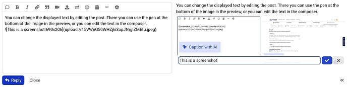 La imagen muestra una interfaz de usuario para una plataforma de mensajería o edición de documentos, con herramientas para cambiar el texto mostrado editando la publicación, ya sea usando una herramienta de bolígrafo en la imagen de vista previa o editando el texto en el área del editor. También demuestra una función impulsada por IA llamada "Subtitular con IA" que genera automáticamente un subtítulo "Esta es una captura de pantalla" para el contenido visible. (Subtitulado por IA)