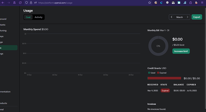 The image shows a dark-themed user interface of a software platform displaying no usage or expenditure for a monthly service, with options to view cost and activity, and reflects a zero out of a five-dollar limit on a donut chart. (Captioned by AI)
