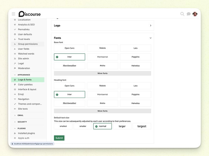 The image displays a configuration page for the Discourse software, allowing users to select fonts and adjust default text sizes for the base and heading boxes within the platform. (Captioned by AI)