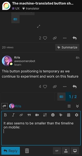 La imagen muestra una publicación de Twitter de "Kris" con texto que menciona un problema temporal de posicionamiento de botones y un botón en la línea de tiempo móvil que parece más pequeño. (Subtitulado por IA)