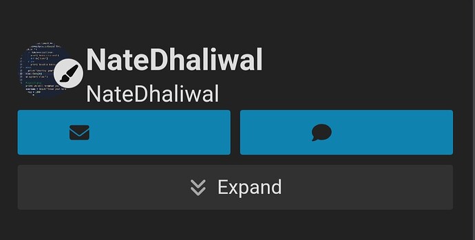 The image shows a user interface with a dark background and two blue buttons labeled "NateDhaliwal" and "Expand". (Captioned by AI)