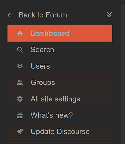La imagen muestra un menú del panel de Dropbox con opciones como Panel, Búsqueda, Usuarios, Grupos, Todas las configuraciones del sitio, ¿Qué hay de nuevo? y Actualizar Discourse. (Título generado por IA)