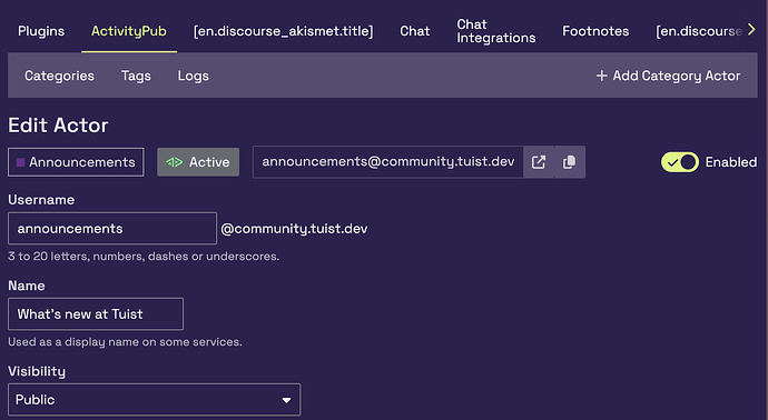 تُظهر هذه الصورة تفاصيل ممثل "نشط" باسم "announcements" في بيئة اختبار Slack مع اسم مستخدم، @community.tuist.dev، واسم عرض، "ما الجديد في Tuist." (تم تعليقه بواسطة الذكاء الاصطناعي)