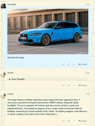 Das Bild zeigt einen auffälligen blauen Sportkombi mit eleganten, aggressiven Linien, der auf einem Parkplatz steht, und die Bildunterschrift legt nahe, dass es sich bei dem Auto um ein BMW-Fahrzeug handelt. (Von KI beschriftet)