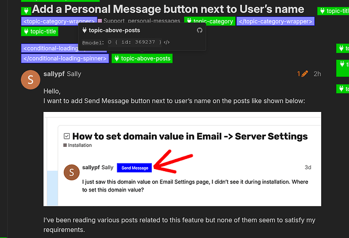 The image shows a forum post by sallypf Sally asking where to set a domain value in Email -> Server Settings, with a comment thread titled dynamically via code output and a highlighted '@sendMessage' button. (Captioned by AI)
