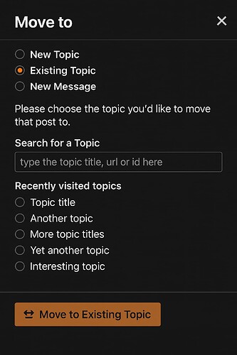 Mockup für das Modal „Beitrag in vorhandenes Thema verschieben“