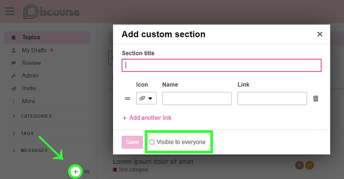 Captura de pantalla que muestra la interfaz «Agregar sección personalizada» con campos para el título de la sección, selección de icono, nombre, enlace y una casilla de verificación para hacer la sección visible para todos