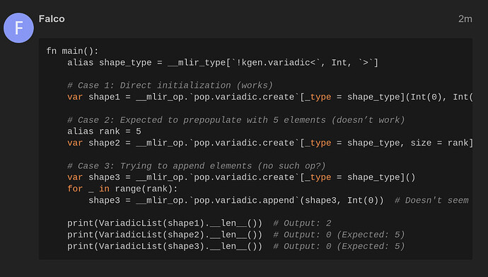 يعرض المشهد رمز Falo مع عمليات pop.variadic.create غير معلقة، ويوضح المشكلات المتعلقة باستدعاءات op غير صحيحة، وحالة التهيئة المرغوبة 1، والفشل في التعبئة المسبقة بخمسة عناصر بسبب العناصر المتوقعة، ومحاولة فاشلة لإلحاق عناصر بدون استدعاء op المناسب. (تم التعليق بواسطة الذكاء الاصطناعي)