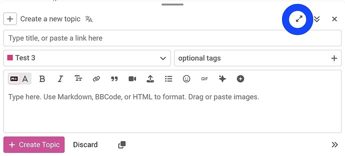 Screenshot des Editors mit einem Kreis um die Umschalttaste für den Vollbildmodus