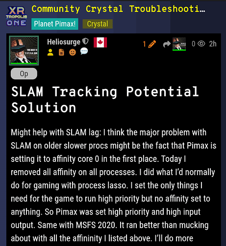 Uma postagem de fórum digital discutindo possíveis soluções para o lag do SLAM, especificamente abordando o impacto da configuração de afinidade do software Pimax para o núcleo 0 e sugerindo que remover a afinidade de todos os núcleos pode melhorar o desempenho em processadores mais antigos e lentos. (Legenda por IA)
