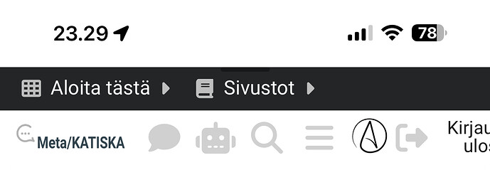 Das Bild zeigt ein Mobilgerät mit der Uhrzeit 23:29, einem Akkustand von 78 % und mehreren Optionen für verschiedene Abschnitte wie Start, Websites und ein Nachrichtenblasensymbol für Meta/Katiska. (Beschriftet von KI)