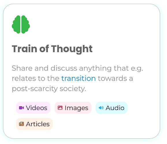 The image features a page titled 'Train of Thought' with a green logo, prompting discussion on the transition towards a post-scarcity society, and offering options to share videos, images, and audio, as well as articles related to the topic. (Captioned by AI)