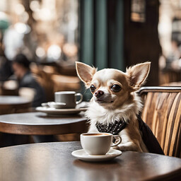 A chihuahua savoring a cup of espresso, eyes closed in delight, seated at a small cafe table