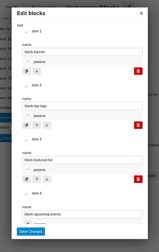 A screenshot of an interface with multiple dropdown menus and name inputs labeled "block-banner", "block-top-tags", and "block-upcoming-events", among others. (Captioned by AI)