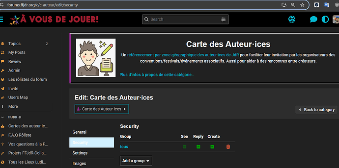 The image shows a webpage with an option to edit a "Carte des Auteur-ices" (Author-Mapping Card) for facilitating invitations to events and meetings between creators, with a cartoon illustration in the sidebar. (Captioned by AI)
