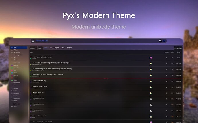 这张图片展示了“Pyx 的现代主题”的标题界面，这是一种现代且一体化风格的主题设计。（由 AI 添加说明）