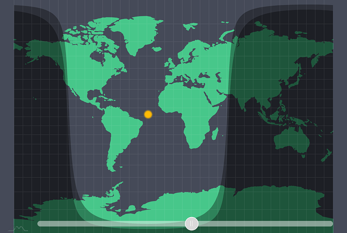 この画像は、暗い灰色の背景に緑の大陸がある世界地図を描いており、南米の場所を示す黄色い点があります。（AIによるキャプション）