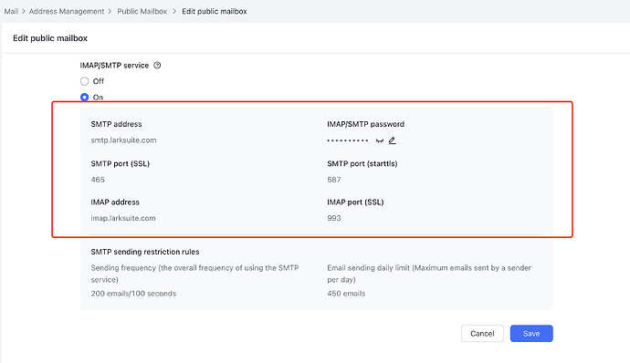 L'image montre une page de paramètres de boîte aux lettres publique avec des options pour configurer les services IMAP/SMTP, y compris les adresses, les ports et les restrictions d'envoi. (Titre généré par l'IA)