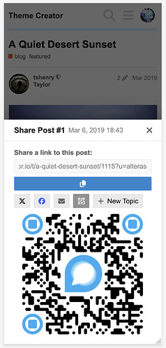 Popup de compartilhamento de QR Code na visualização móvel