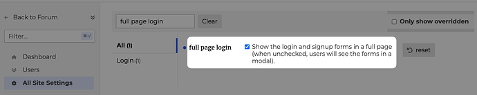 L'image montre le paramètre « full page login » dans la zone des paramètres d'administration de Discourse.