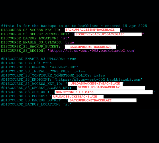 La imagen muestra múltiples líneas de configuraciones de archivo redactadas para un servicio de almacenamiento en la nube, con varios campos relacionados con el acceso S3, copias de seguridad y cargas. (Subtitulado por IA)