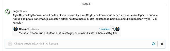 The image is a screenshot of a text conversation in Finnish, displaying a user's query and a response from an AI assistant. (Captioned by AI)