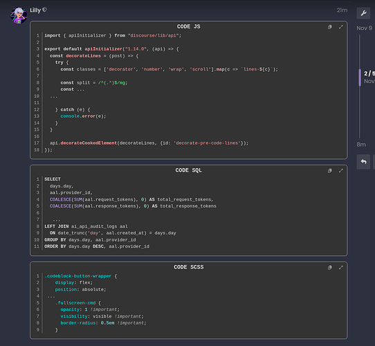 The image shows a screenshot of a code editor with a dark background, displaying code in three separate sections: CODE JS, CODE SQL, and CODE SCSS, each with a different programming language. (Captioned by AI)