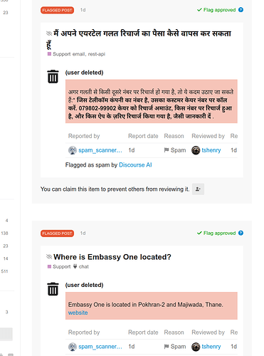 Due post segnalati da un forum, uno che chiede informazioni sulla restituzione di addebiti errati e l'altro che chiede dove si trovi Embassy One, entrambi contrassegnati come spam. (Didascalia dell'IA)