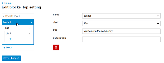 The image shows a form for editing a "blocks_top" setting, with fields for a name, size, title, and description, and a button to save changes. (Captioned by AI)