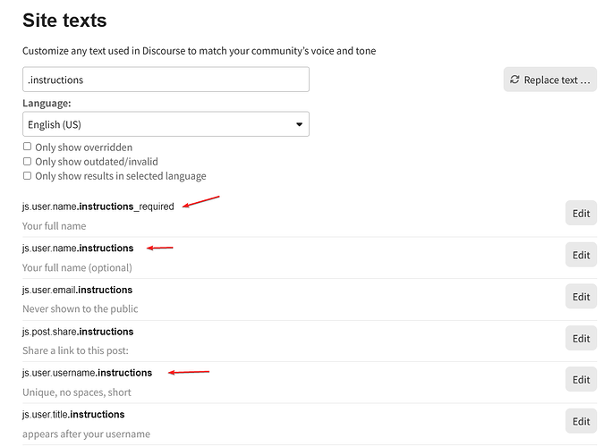 The image shows a settings page for customizing site text in Discourse, offering options to replace text content and filter content based on language and invalid entries. (Captioned by AI)