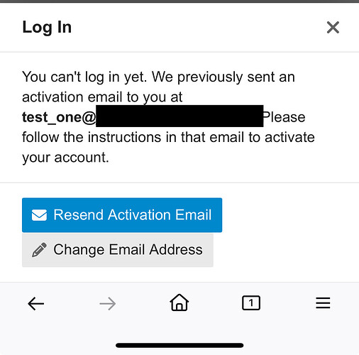 The image shows a login screen stating that the user cannot log in yet, with a partially obscured email address, and provides options to resend activation emails or change the email address. (Captioned by AI)