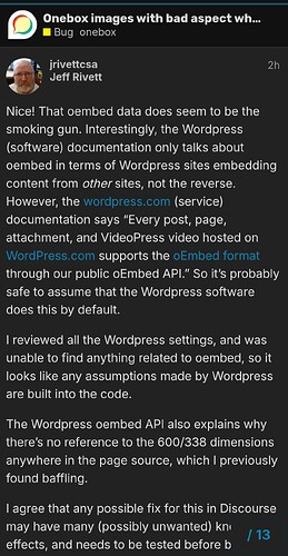 Uma captura de tela de uma postagem do Twitter discutindo as capacidades de incorporação do WordPress, com foco específico na API oEmbed e possíveis soluções alternativas para problemas de dimensão. (Legenda por IA)