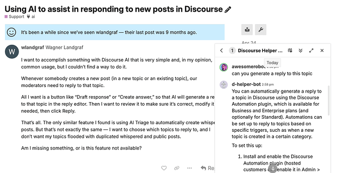 Un utilisateur sur Discourse demande un outil d'IA pour rédiger automatiquement des réponses aux nouveaux sujets, similaire à la façon dont Discourse AI crée des publications de sujets, tandis qu'un assistant suggère d'utiliser un plugin d'automatisation pour configurer des réponses basées sur des déclencheurs. (Légendé par l'IA)