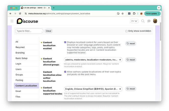 impostazioni complete di localizzazione dei contenuti