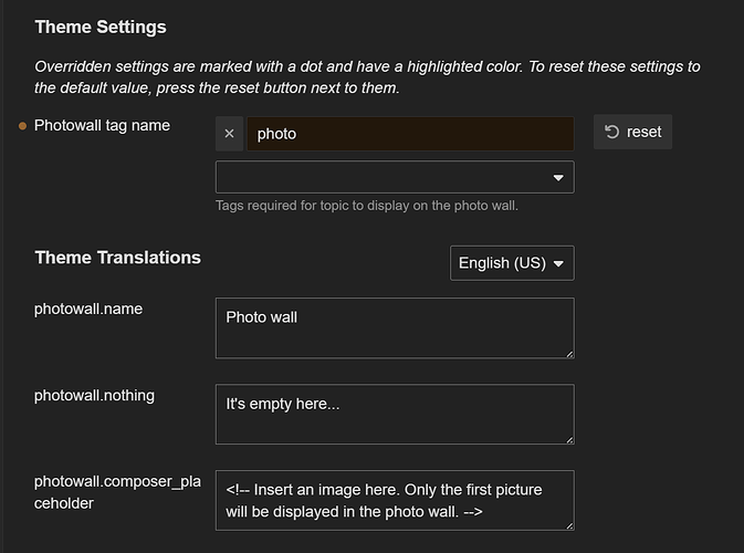L'image montre une interface de configuration pour un mur de photos, permettant aux utilisateurs de spécifier le nom de la balise, les paramètres de langue par défaut et les espaces réservés pour différents éléments du mur de photos dans la langue par défaut de l'anglais (US). (Titre généré par l'IA)