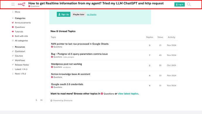 La imagen muestra una página web relacionada con un problema para obtener información en tiempo real de un agente, destacando una pregunta específica relacionada con un servicio defectuoso de NLP ChatGPT y solicitud HTTP. (Subtitulado por IA)