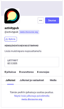 图片似乎是芬兰语的社交媒体个人资料页面的截图，可能来自名为“activitypub”的平台，其活动品牌为“meta.discourse.org”。（由AI配图说明）