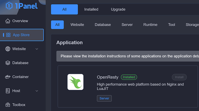 L'immagine mostra la sezione "App Store" di una dashboard con varie sezioni come Panoramica, Sito web, Database, Server, Runtime, Strumento, Archiviazione e altro, evidenziando lo stato di installazione di "OpenResty" come "Installato" e fornendo opzioni come "Installa" e "Server." (Sottotitolo generato dall'AI)
