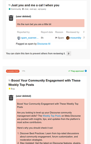 L'immagine mostra una discussione con un post che ne segnala un altro come spam e l'altro che discute modi per aumentare il coinvolgimento della community con i post principali. (Didascalia dell'IA)