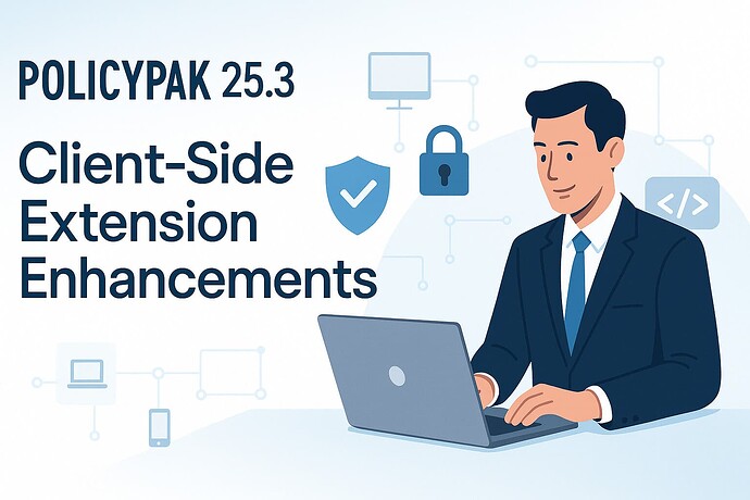 „POLICYPAK 25.3 Client-Side Enhancements“ zeigt einen illustrierten Mann, der an einem Laptop in einer technologieorientierten Umgebung arbeitet, die Symbole wie ein Schild, ein Schloss und eine Fernbedienung enthält, was möglicherweise Sicherheit oder Softwarefunktionen bedeutet. (Beschriftet von KI)