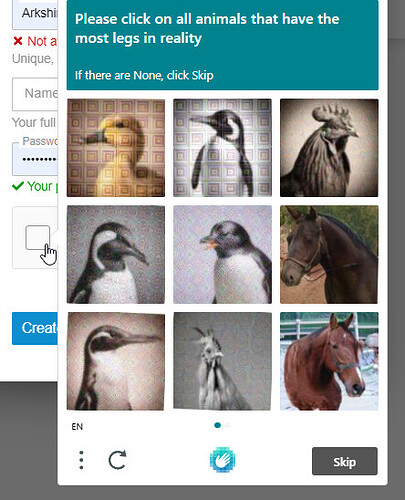 Das Bild zeigt einen CAPTCHA-Verifizierungsbildschirm, auf dem der Benutzer aufgefordert wird, Tiere mit den meisten Beinen auszuwählen. Verschiedene Tiere werden angezeigt, darunter ein Hund, Vögel und ein Pferd. (Beschriftet von KI)
