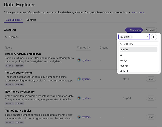 Data Explorer ページのタグフィルターを使用すると、選択したタグを持つクエリのみを表示できます。