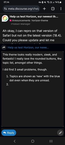 The image shows a user engaging with a thread on Meta Discourse, discussing the new Horizon theme, with positive feedback and a couple of improvement suggestions like topics being marked as "new" even when unread. (Captioned by AI)