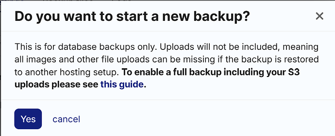 La imagen es un mensaje emergente que pregunta si el usuario desea iniciar una copia de seguridad de la base de datos, señalando que no incluirá las cargas de archivos y que no se incluyen las cargas de imágenes, con una guía disponible para copias de seguridad completas. (Subtitulado por IA)